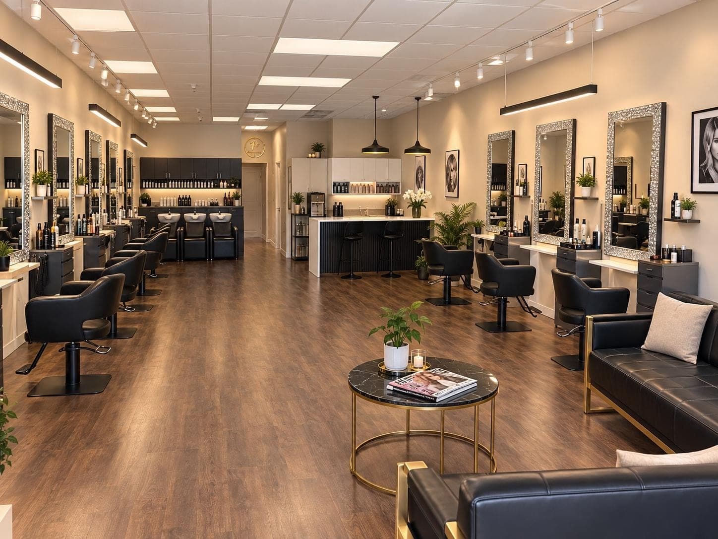 The main floor at Pier Blondie: styling stations, wash area at the back, lounge in front