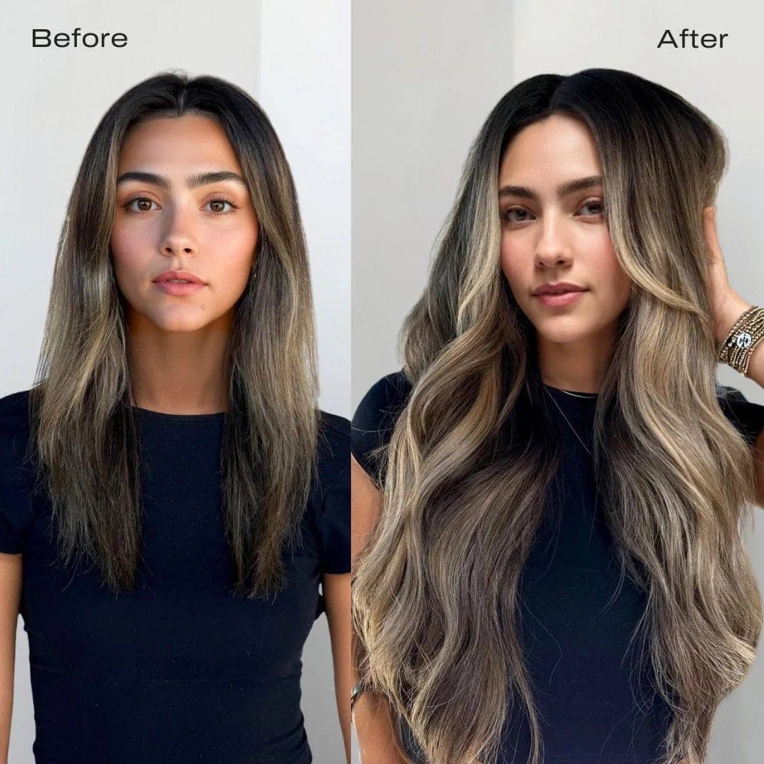 Before and after: shoulder length hair to long, blended balayage waves