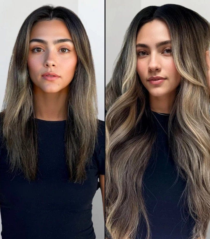 Before and after: shoulder length hair to long, blended balayage waves